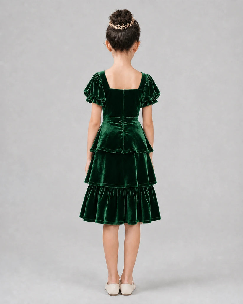 Emerald Green Velvet Tiered Girls Formal Dresses Back View