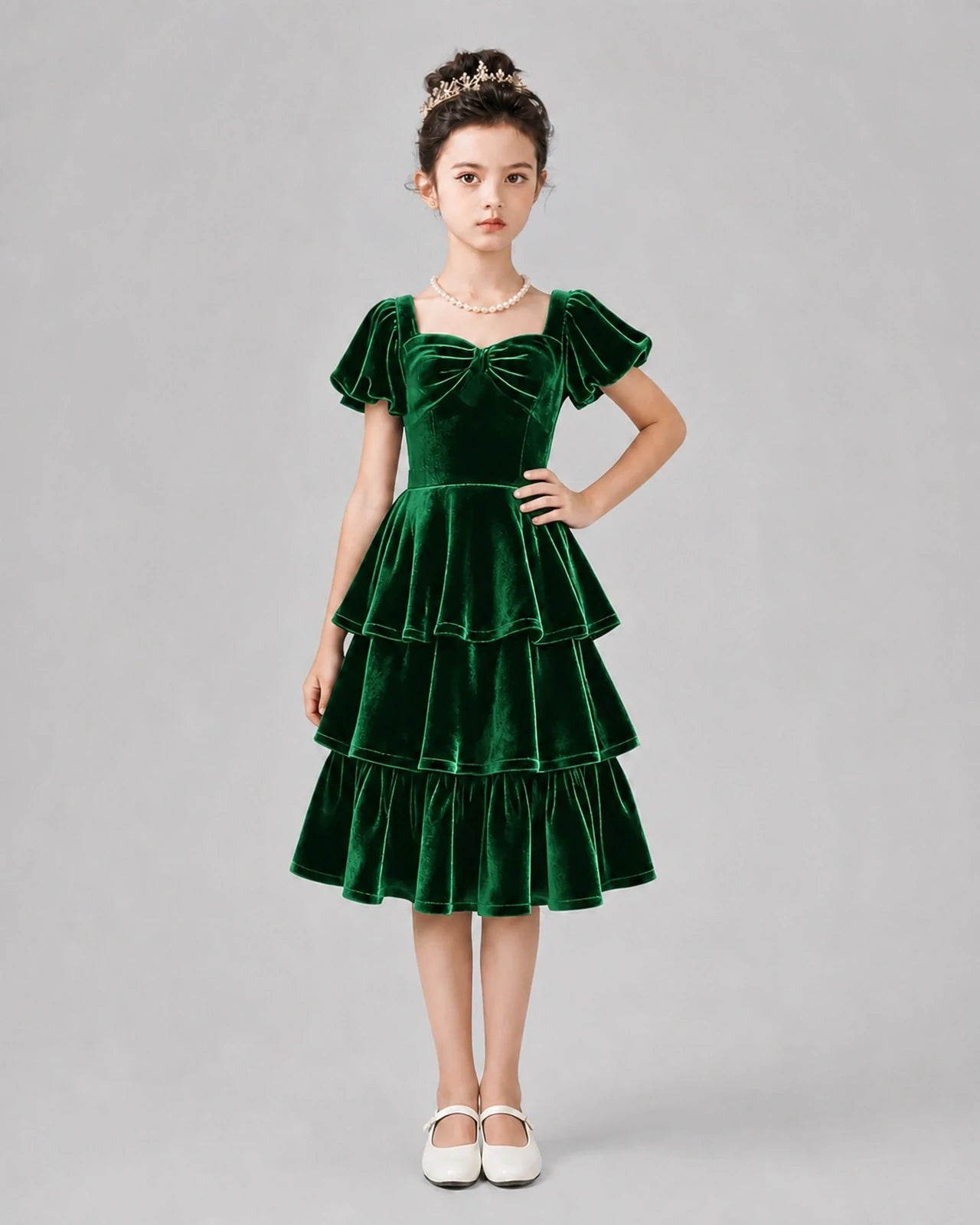 Emerald Green Velvet Tiered Girls Formal Dresses Front View