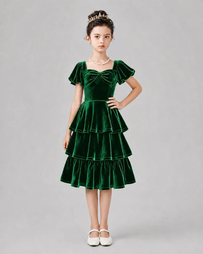 Emerald Green Velvet Tiered Girls Formal Dresses Front View