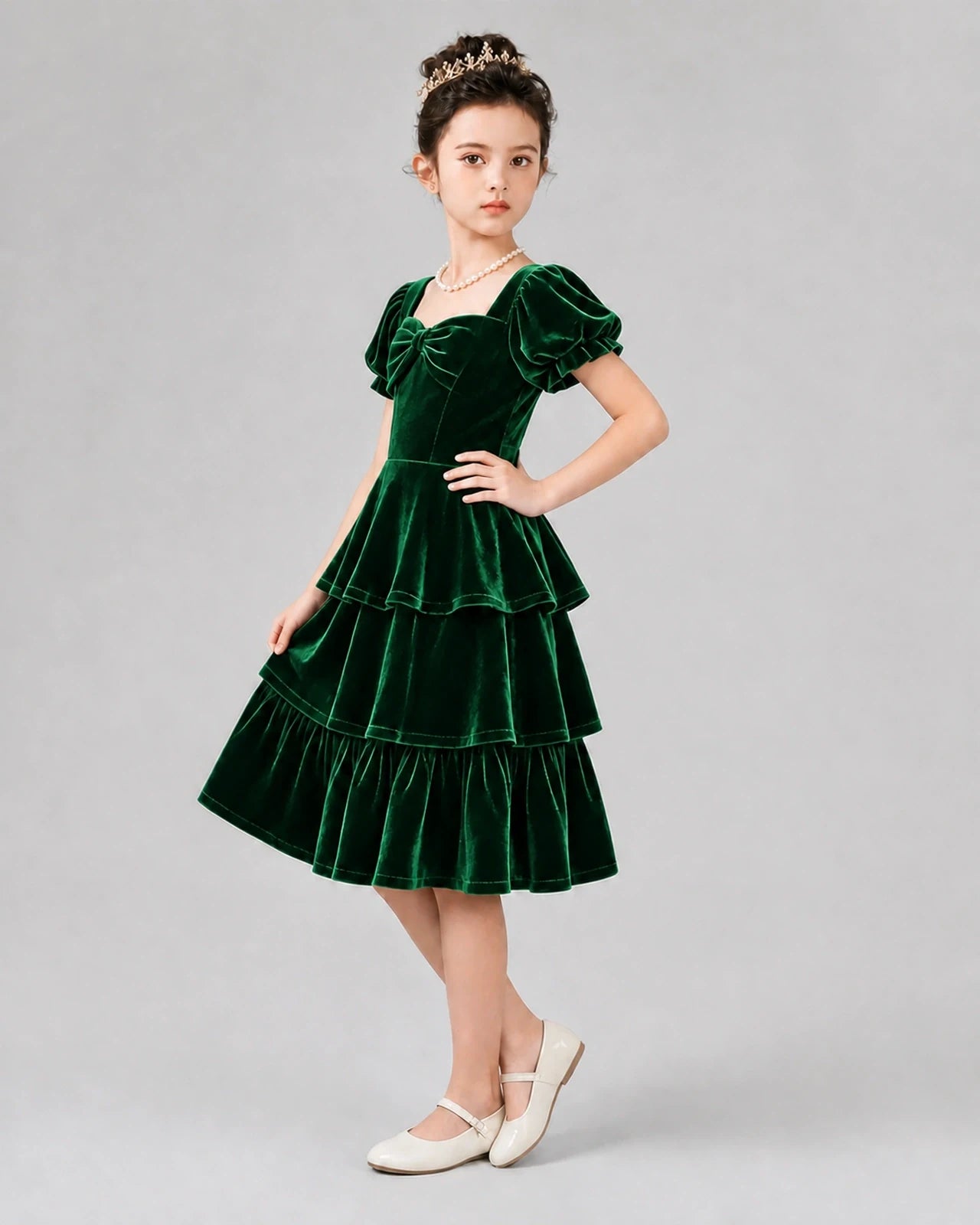 Emerald Green Velvet Tiered A-Line Girls Formal Dresses Side View