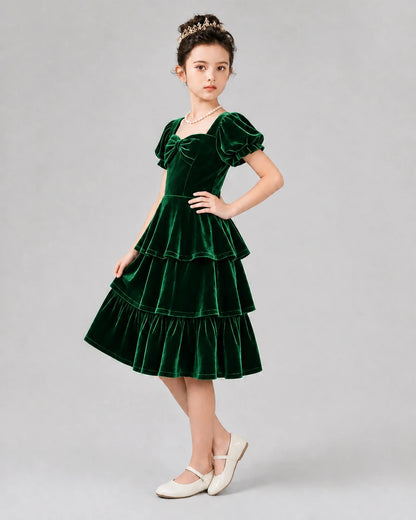 Emerald Green Velvet Tiered A-Line Girls Formal Dresses Side View