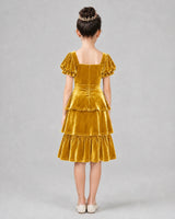 Gold velvet tiered dress girls formal dresses back view
