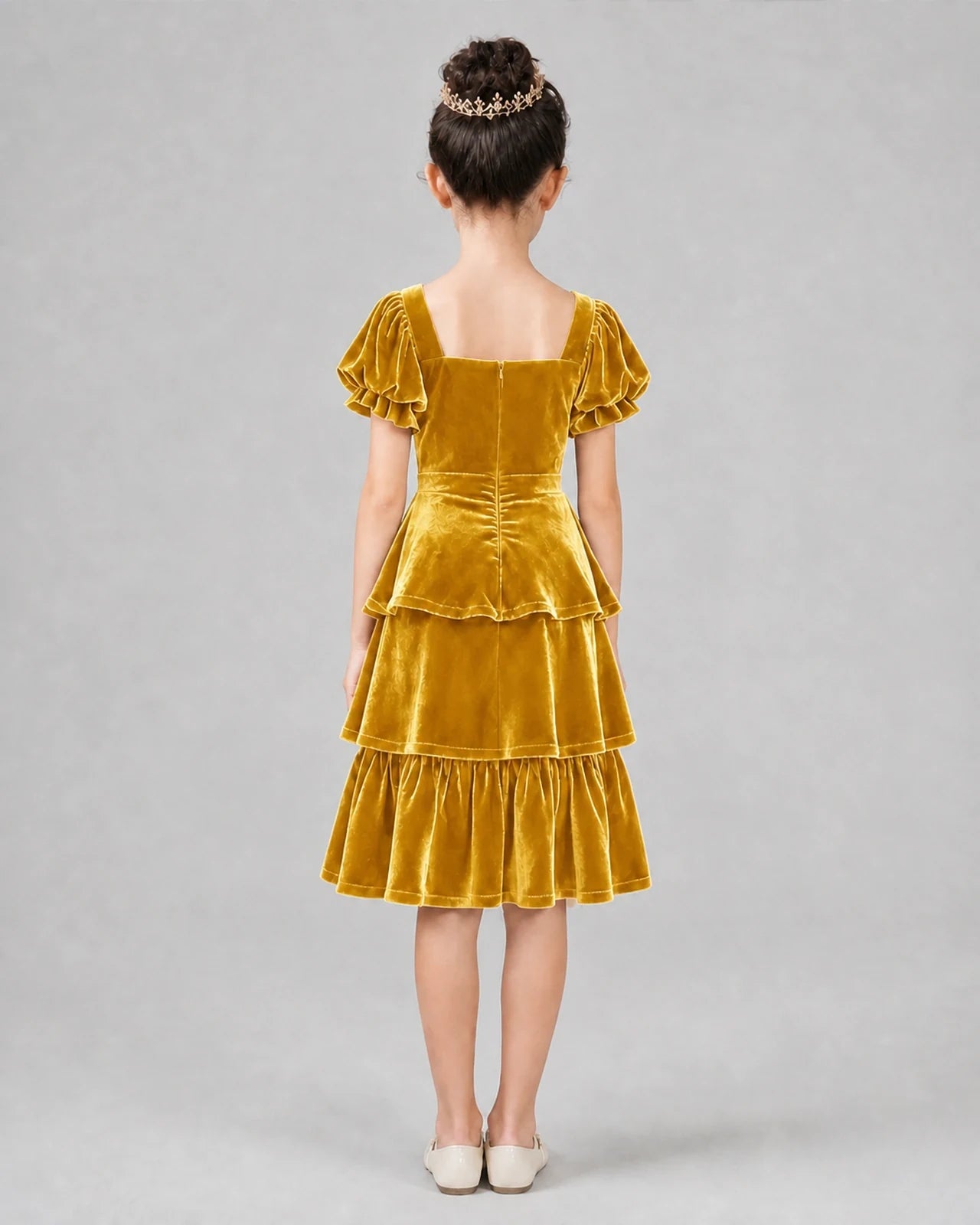 Gold velvet tiered dress girls formal dresses back view