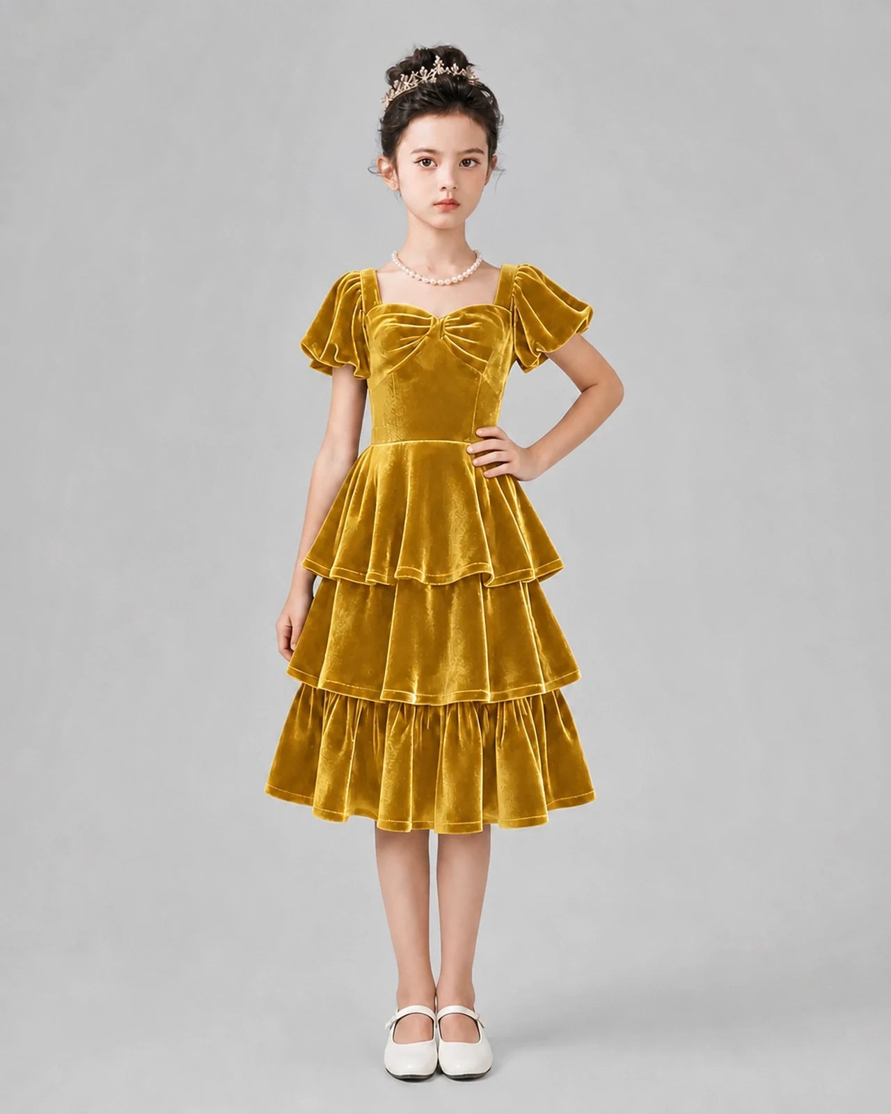 Gold Velvet Tiered Girls Formal Dresses Front View