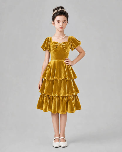 Gold Velvet Tiered Girls Formal Dresses Front View