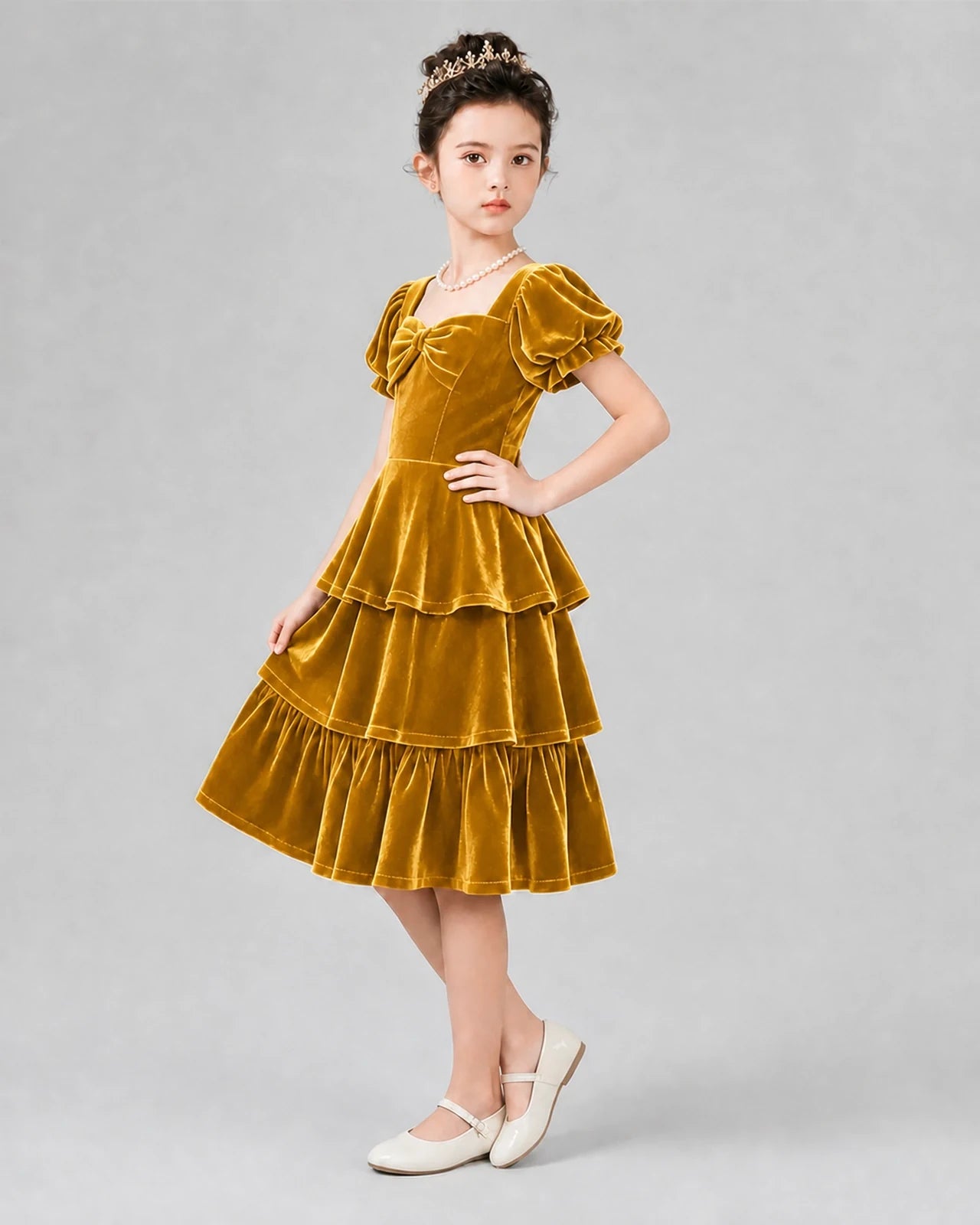 Gold velvet tiered tiered-skirt girls formal dresses Side View