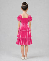 Hot pink velvet tiered girls formal dress Back View