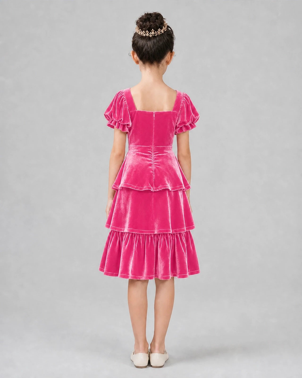 Hot pink velvet tiered girls formal dress Back View