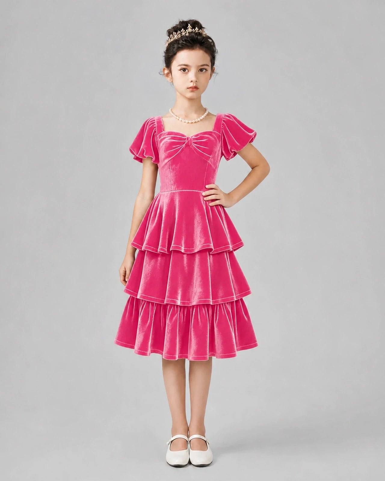 Hot pink velvet tiered Girls Formal Dresses Front View