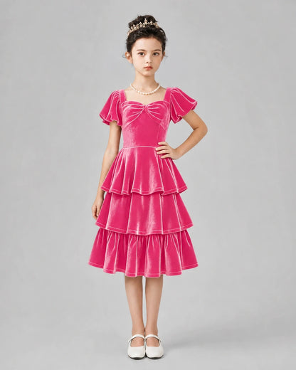 Hot pink velvet tiered Girls Formal Dresses Front View