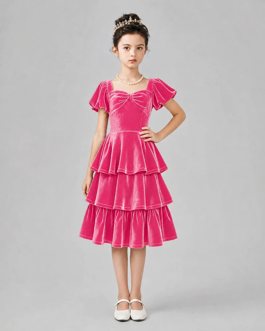 Hot pink velvet tiered Girls Formal Dresses Front View