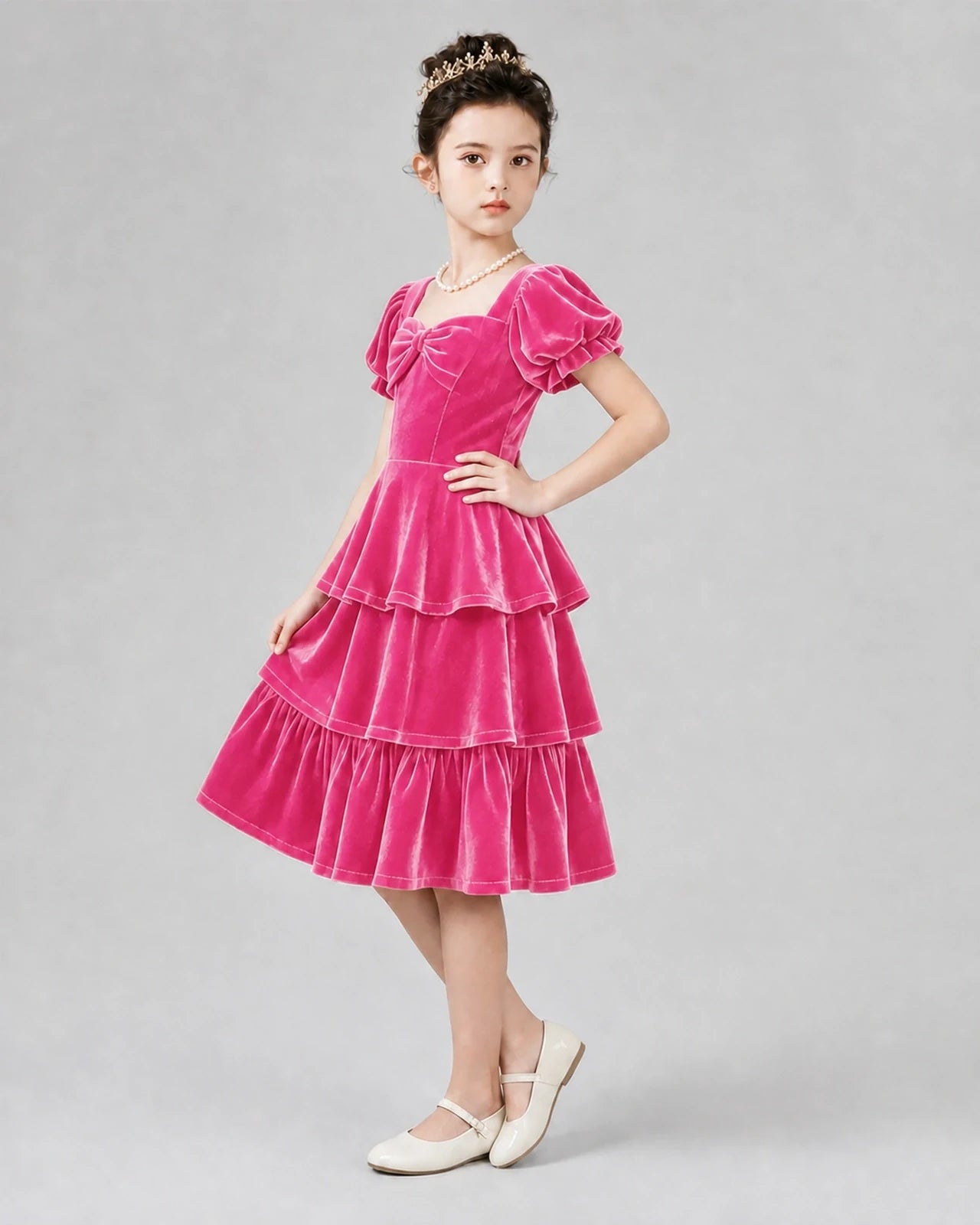 Hot pink velvet tiered puffy sleeve dress Girls Formal Dresses Side View