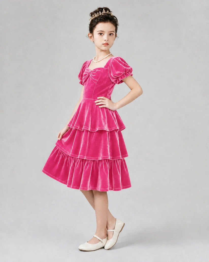 Hot Pink velvet tiered puffy sleeve dress Girls Formal Dresses Side View