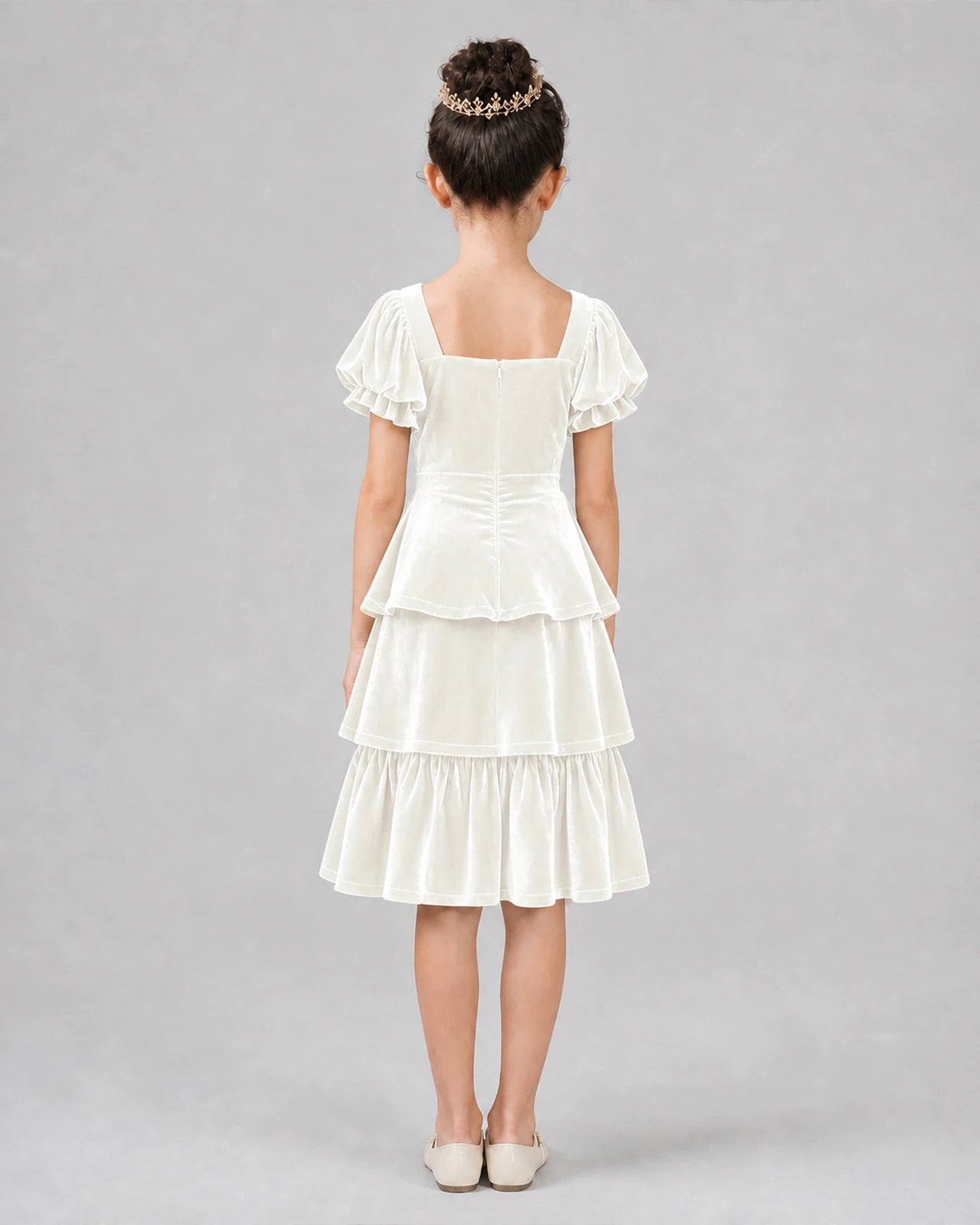 Ivory velvet layered ruffle sleeve girls formal dresses Back View