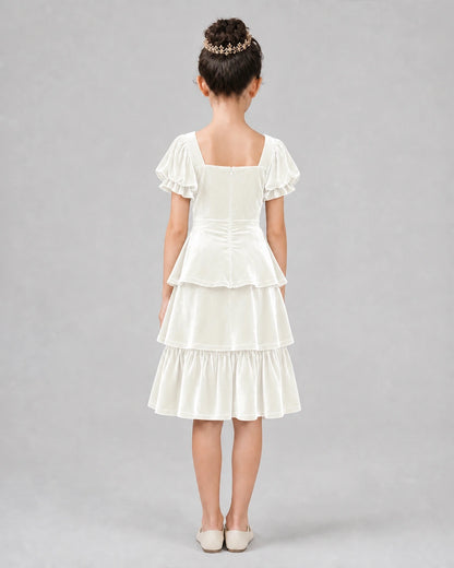 Ivory velvet layered ruffle sleeve girls formal dresses Back View