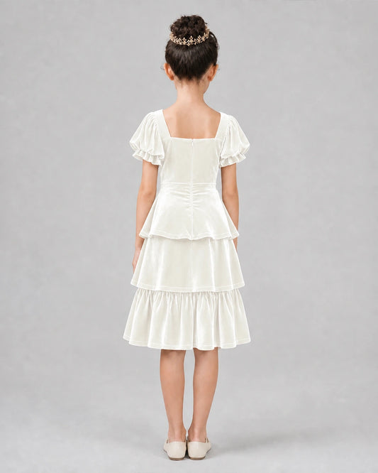 Ivory velvet layered ruffle sleeve girls formal dresses Back View