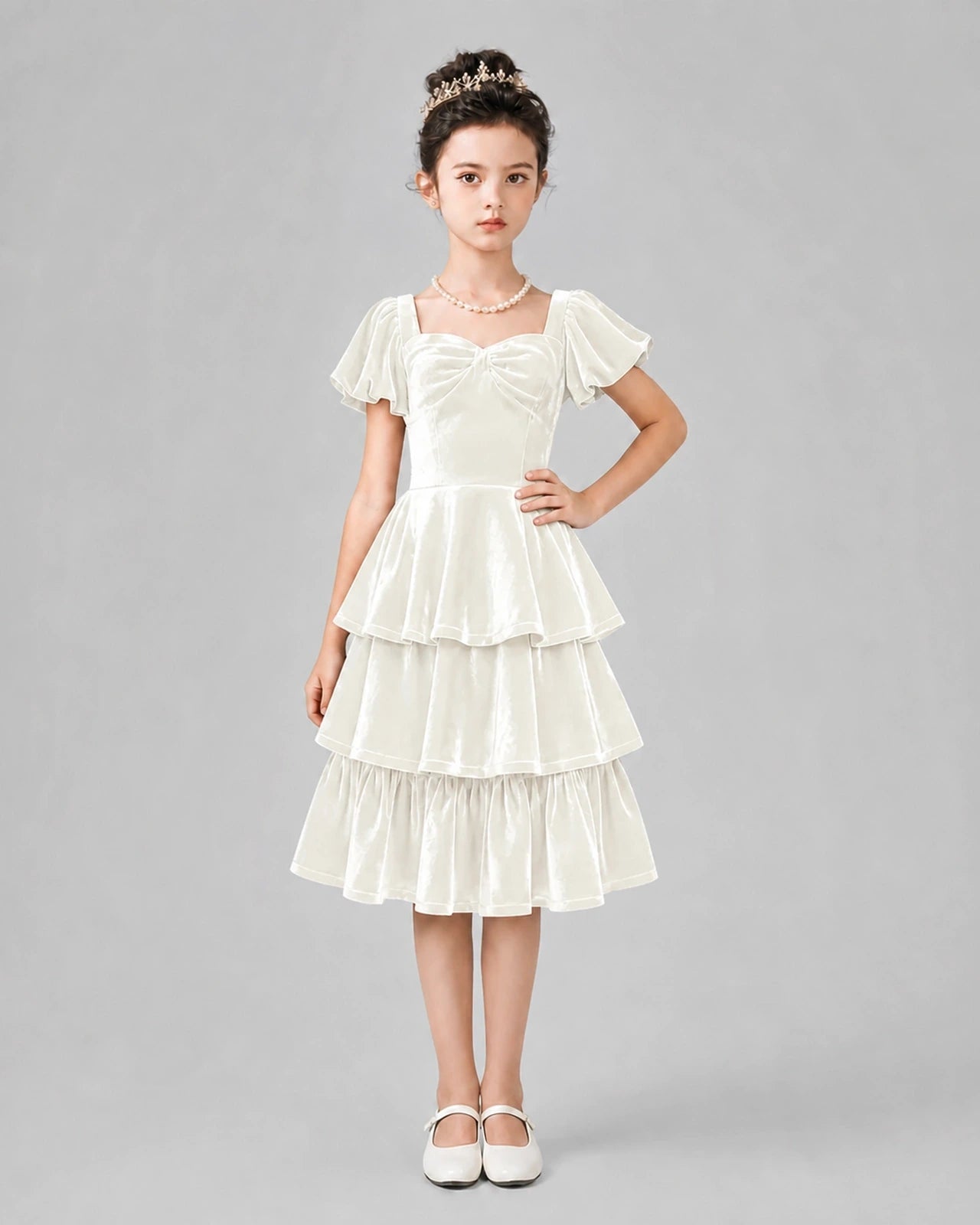 Ivory Velvet Tiered A-line Girls Formal Dresses Front View