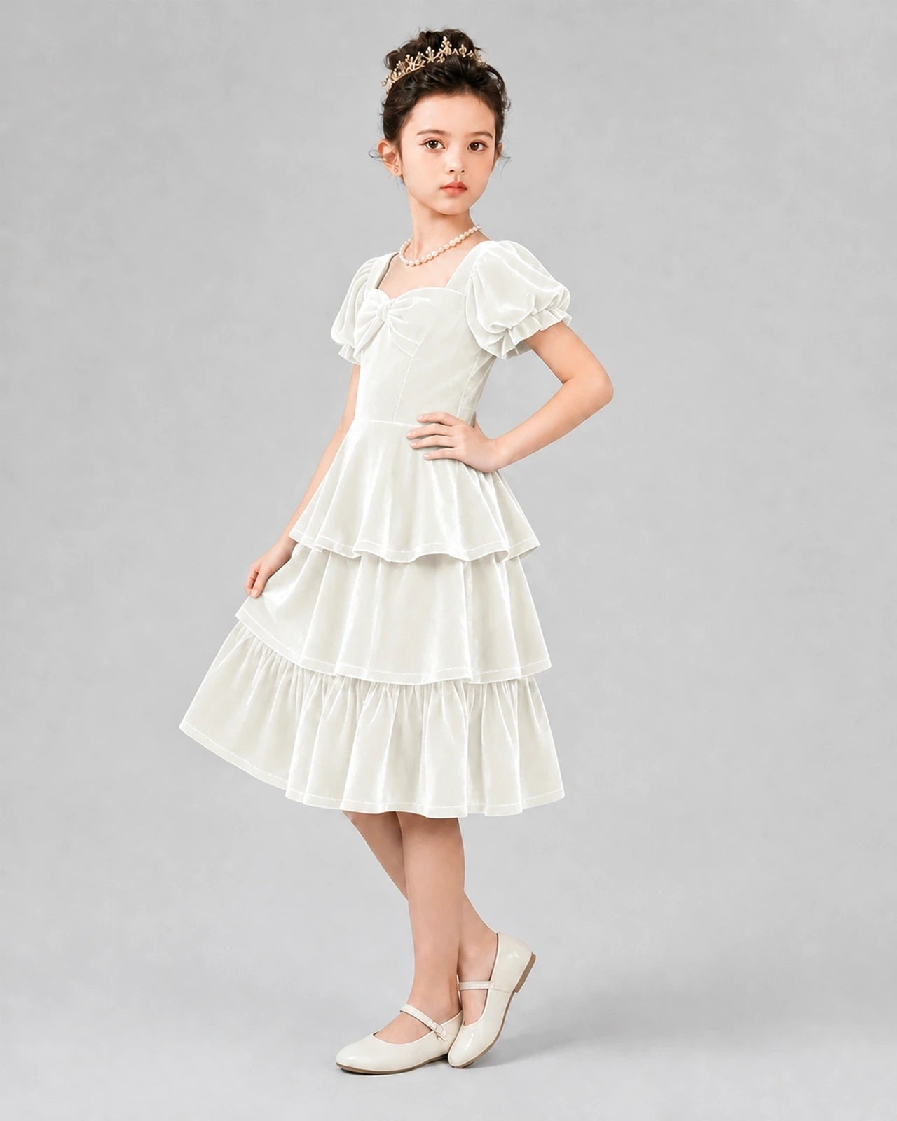 Ivory Velvet Tiered A-Line Girls Formal Dresses Side View