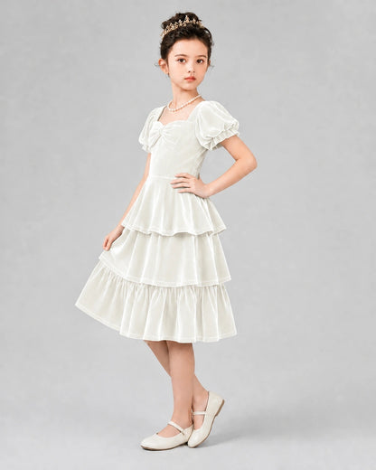Ivory Velvet Tiered A-Line Girls Formal Dresses Side View