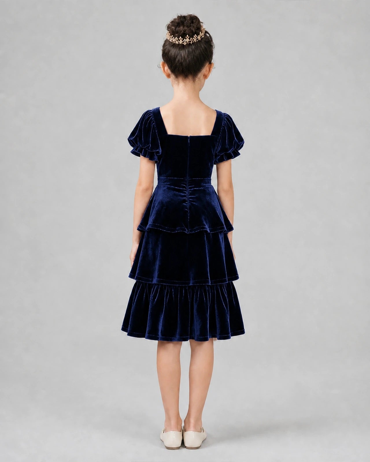 Navy blue velvet tiered girls formal dress Back View