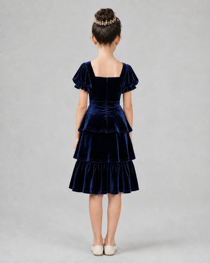 Navy blue velvet tiered girls formal dress Back View