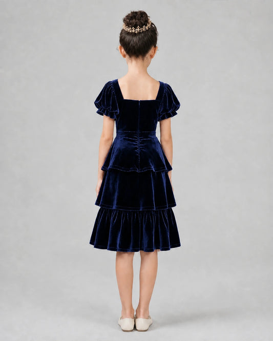 Navy Blue velvet tiered girls formal dress Back View