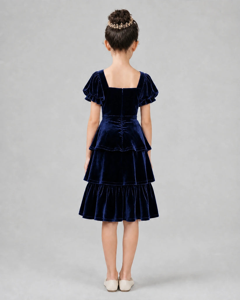 Navy Blue velvet tiered girls formal dress Back View
