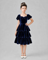 Navy Blue velvet tiered square-neck girls formal dress Front View
