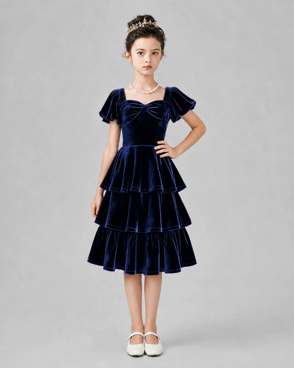 Navy blue velvet tiered square-neck girls formal dress Front View