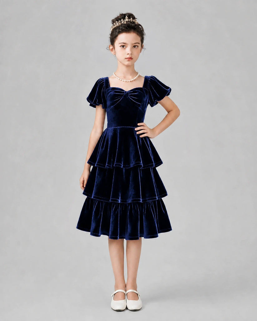 Navy Blue velvet tiered square-neck girls formal dress Front View