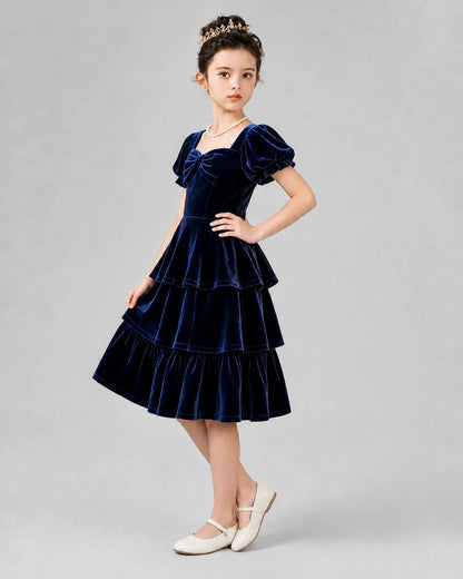 Navy blue velvet tiered square neck girls formal dresses Side View