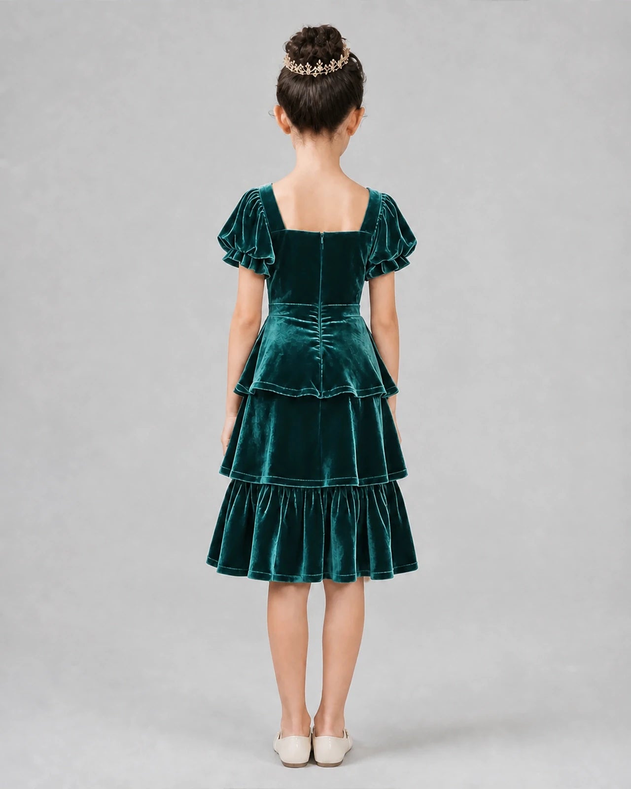 Peacock Velvet Tiered Girls Formal Dresses Back View