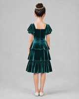 Peacock Velvet Tiered Girls Formal Dresses Back View
