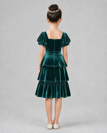 Peacock Velvet Tiered Girls Formal Dresses Back View