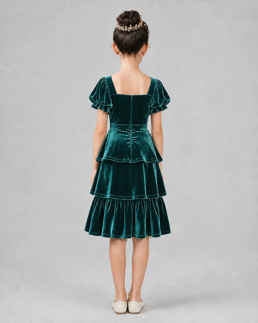 Peacock Velvet Tiered Girls Formal Dresses Back View