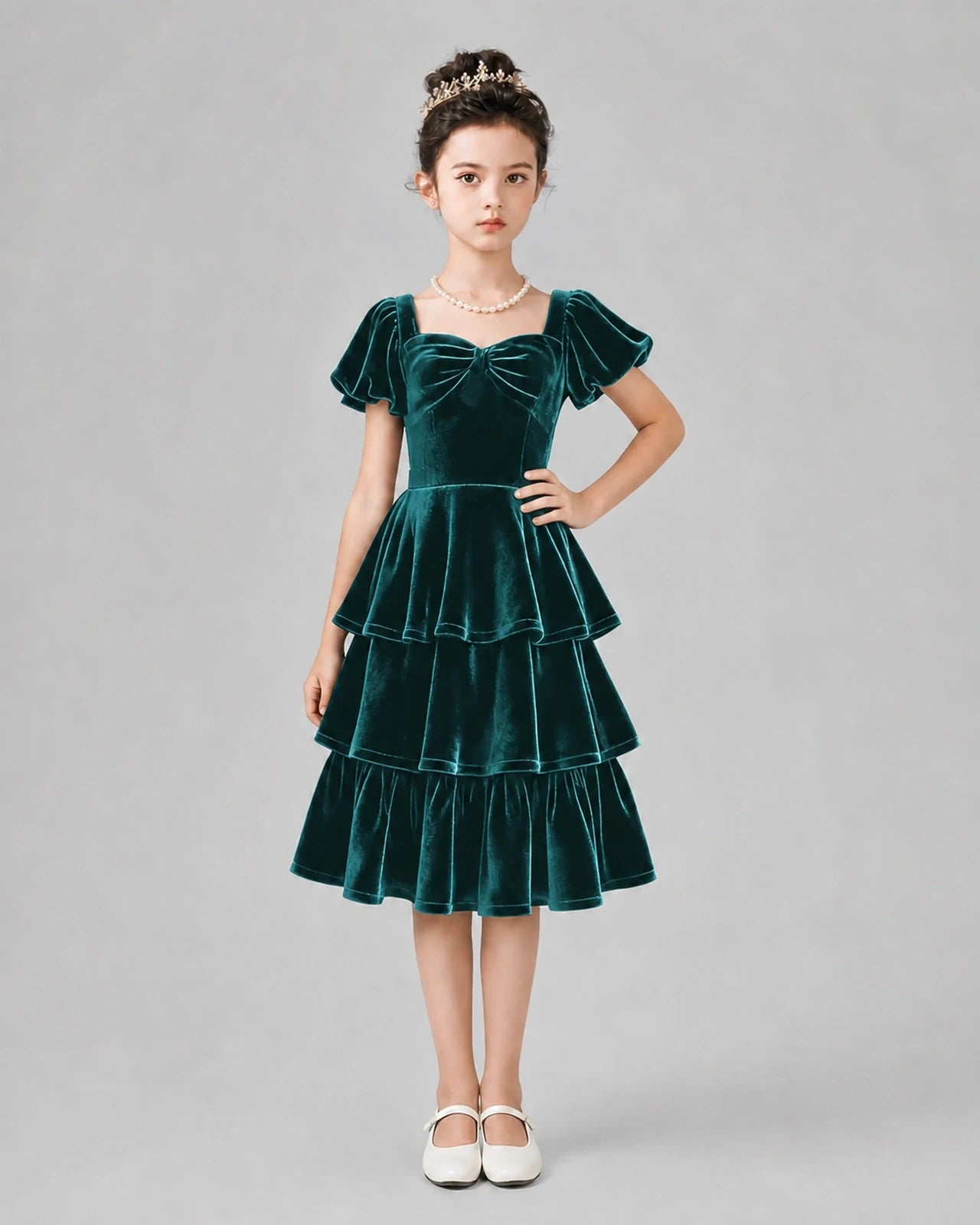 Peacock Velvet Tiered Girls Formal Dresses Front View