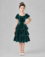 Peacock Velvet Tiered Girls Formal Dresses Front View