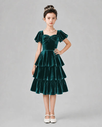 Peacock Velvet Tiered Girls Formal Dresses Front View