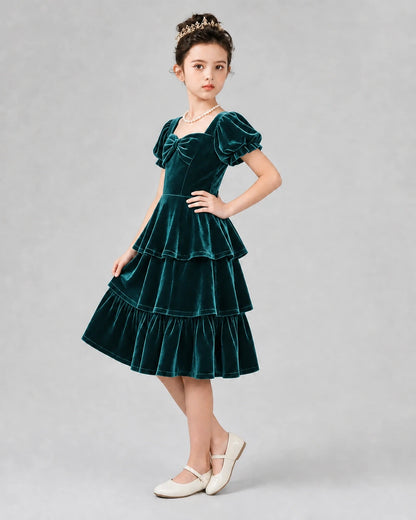 Peacock velvet tiered dress girls formal dresses Side View