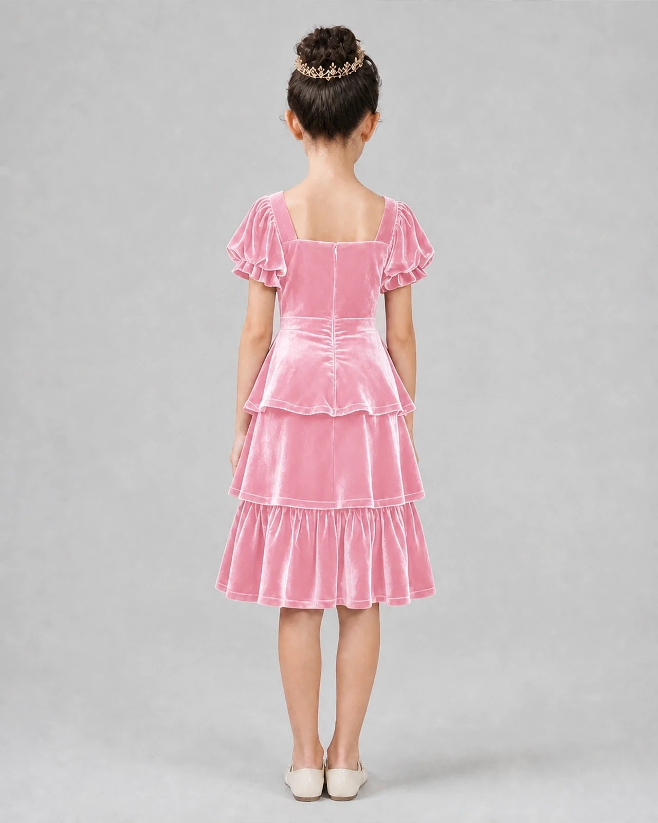 Pink velvet tiered midi girls formal dresses back view