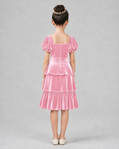 Pink velvet tiered midi girls formal dresses back view
