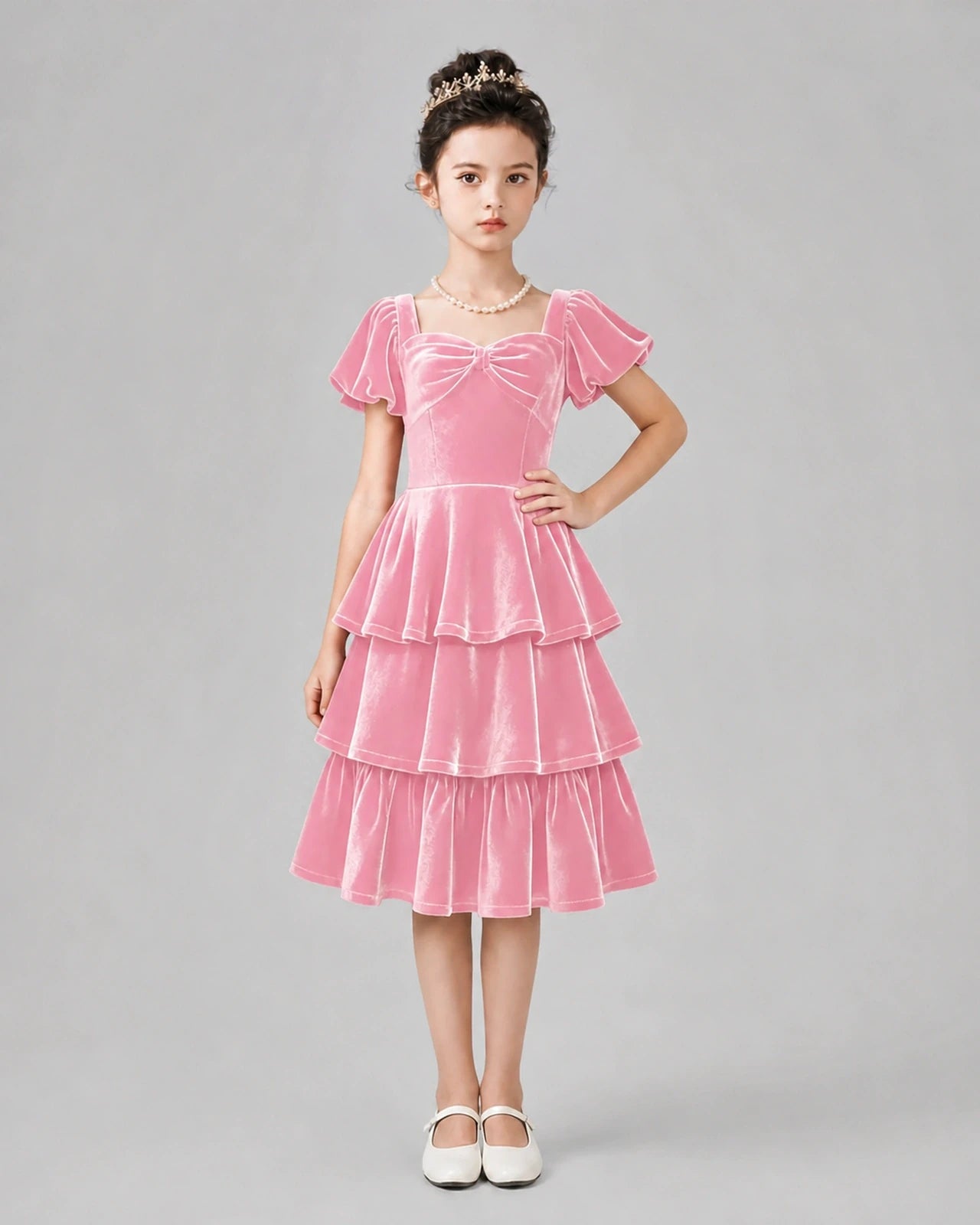 Pink Velvet Tiered Dress Girls Formal Dresses Front View