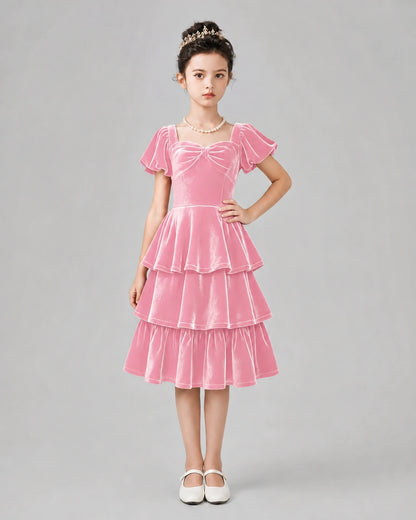 Pink Velvet Tiered Dress Girls Formal Dresses Front View