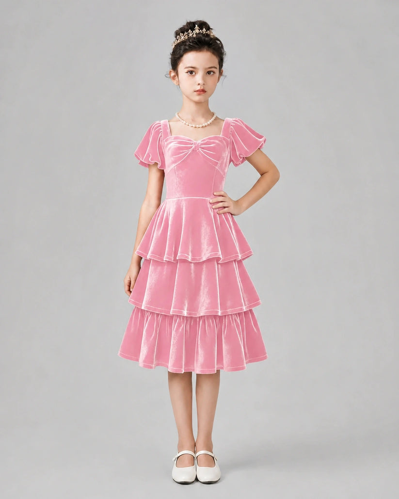 Pink Velvet Tiered Dress Girls Formal Dresses Front View