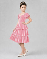 Pink velvet tiered A-line girls formal dresses Side View