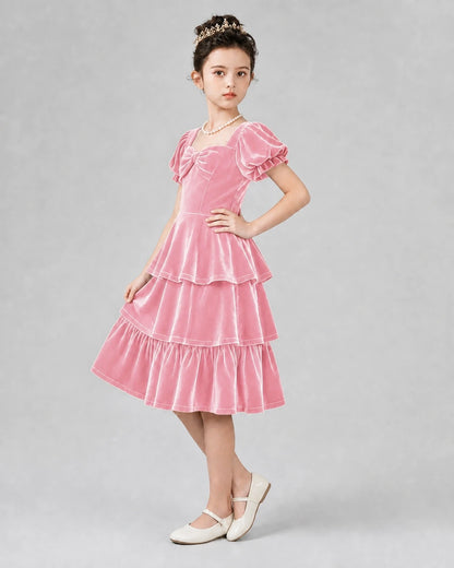 Pink velvet tiered A-line girls formal dresses Side View