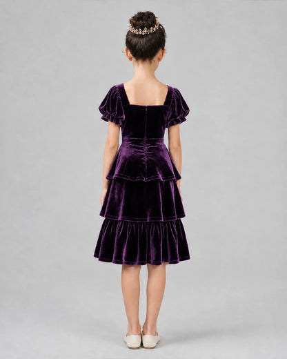 Purple velvet tiered puffy sleeve girls formal dress Back View