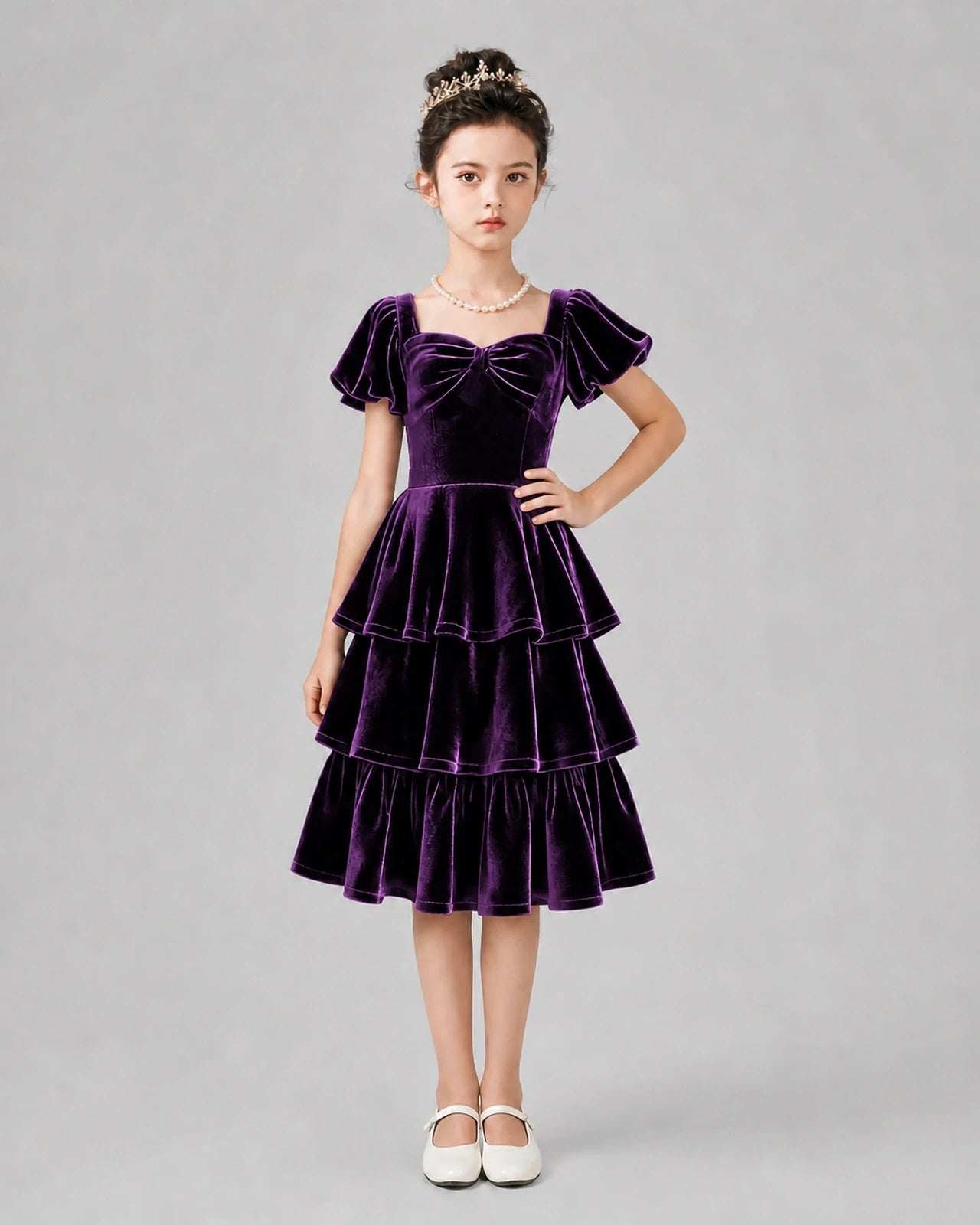 Purple Velvet Tiered Girls Formal Dresses Front View