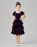 Purple Velvet Tiered Girls Formal Dresses Front View