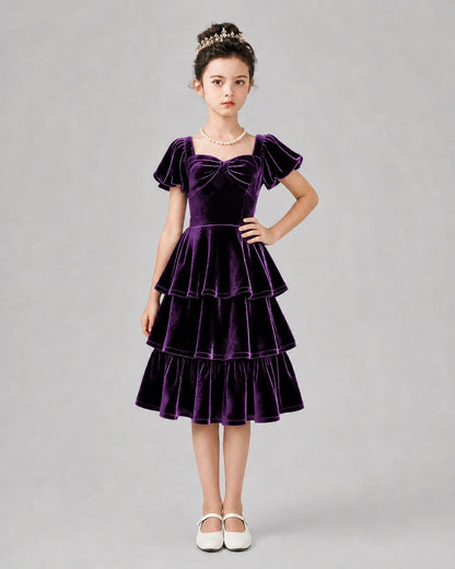 Purple Velvet Tiered Girls Formal Dresses Front View